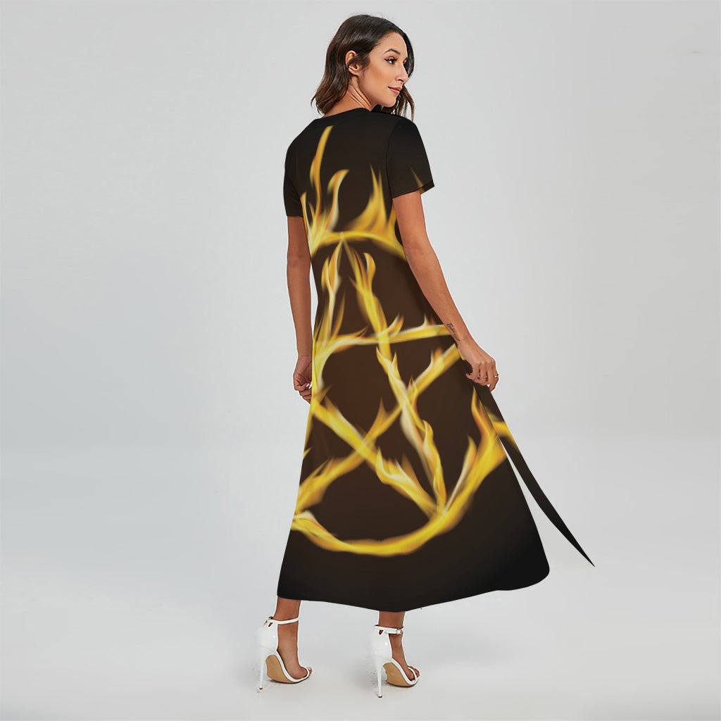 Flaming Pentagram Symbol Print Short Sleeve Maxi Dress