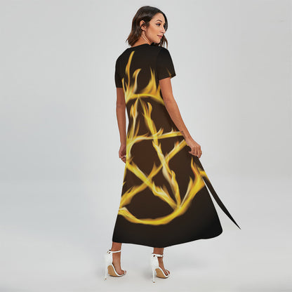 Flaming Pentagram Symbol Print Short Sleeve Maxi Dress