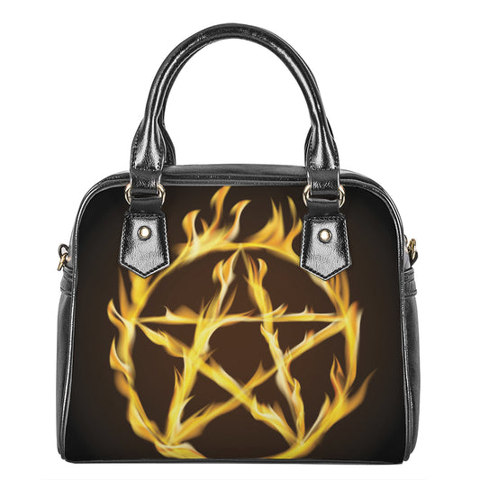 Flaming Pentagram Symbol Print Shoulder Handbag