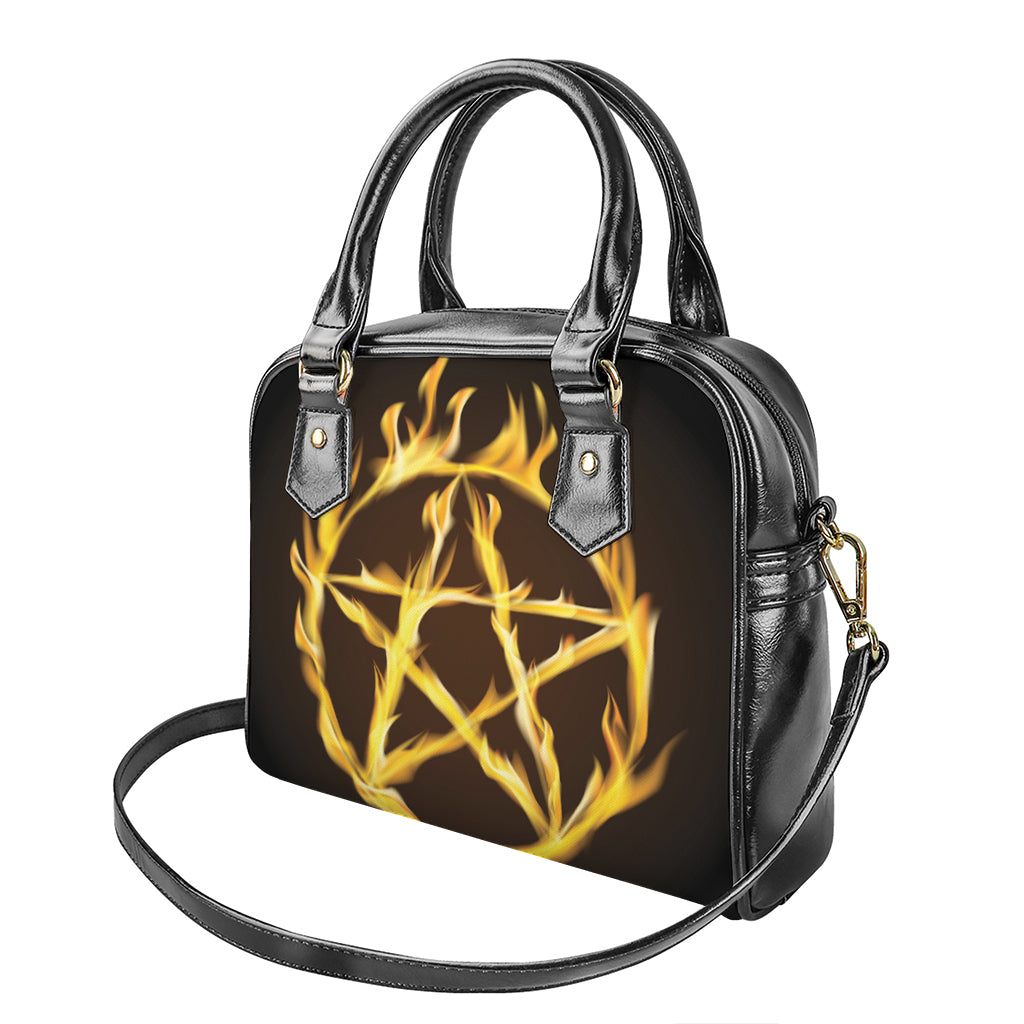 Flaming Pentagram Symbol Print Shoulder Handbag