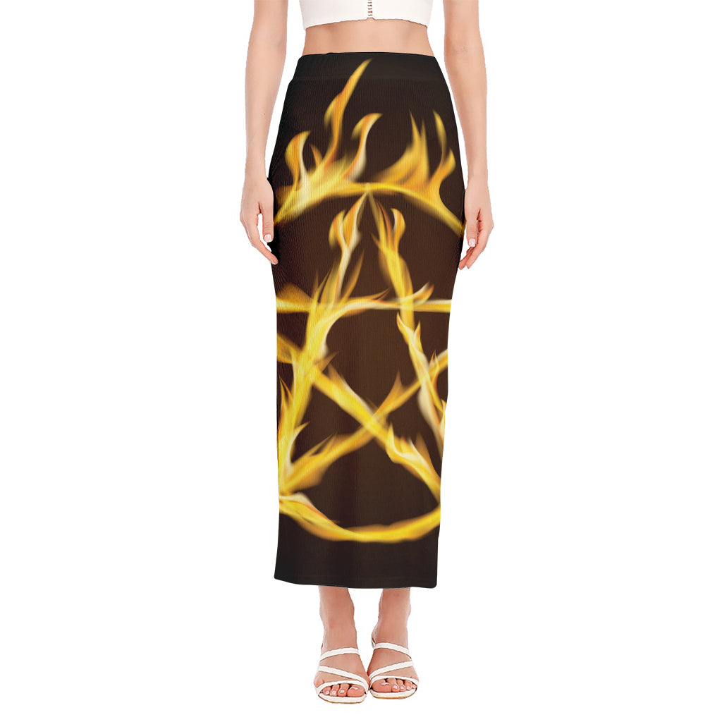 Flaming Pentagram Symbol Print Side Slit Maxi Skirt