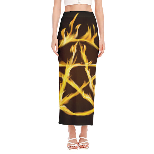 Flaming Pentagram Symbol Print Side Slit Maxi Skirt