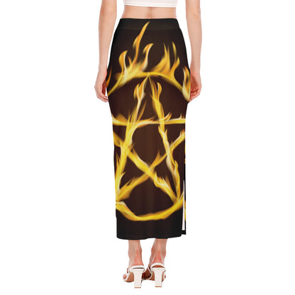 Flaming Pentagram Symbol Print Side Slit Maxi Skirt