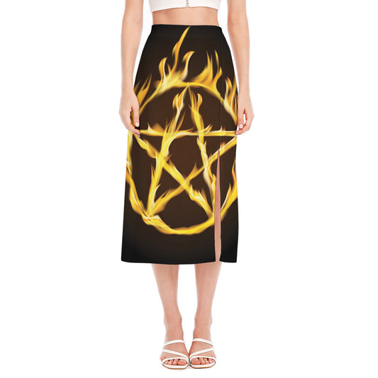 Flaming Pentagram Symbol Print Side Slit Midi Skirt