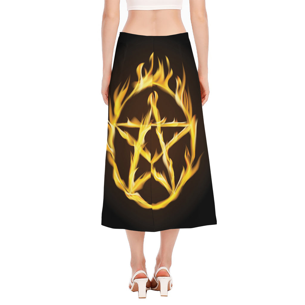 Flaming Pentagram Symbol Print Side Slit Midi Skirt