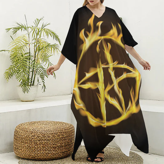 Flaming Pentagram Symbol Print Silk V-Neck Kaftan Dress
