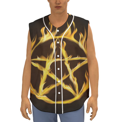 Flaming Pentagram Symbol Print Sleeveless Baseball Jersey