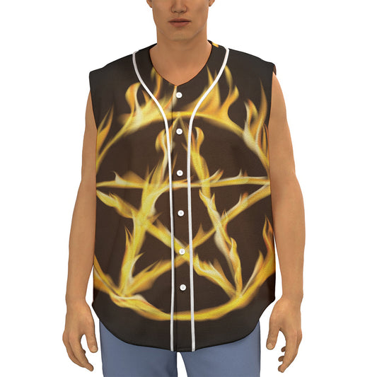 Flaming Pentagram Symbol Print Sleeveless Baseball Jersey