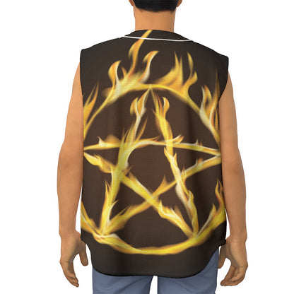 Flaming Pentagram Symbol Print Sleeveless Baseball Jersey