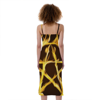 Flaming Pentagram Symbol Print Slim Fit Midi Cami Dress