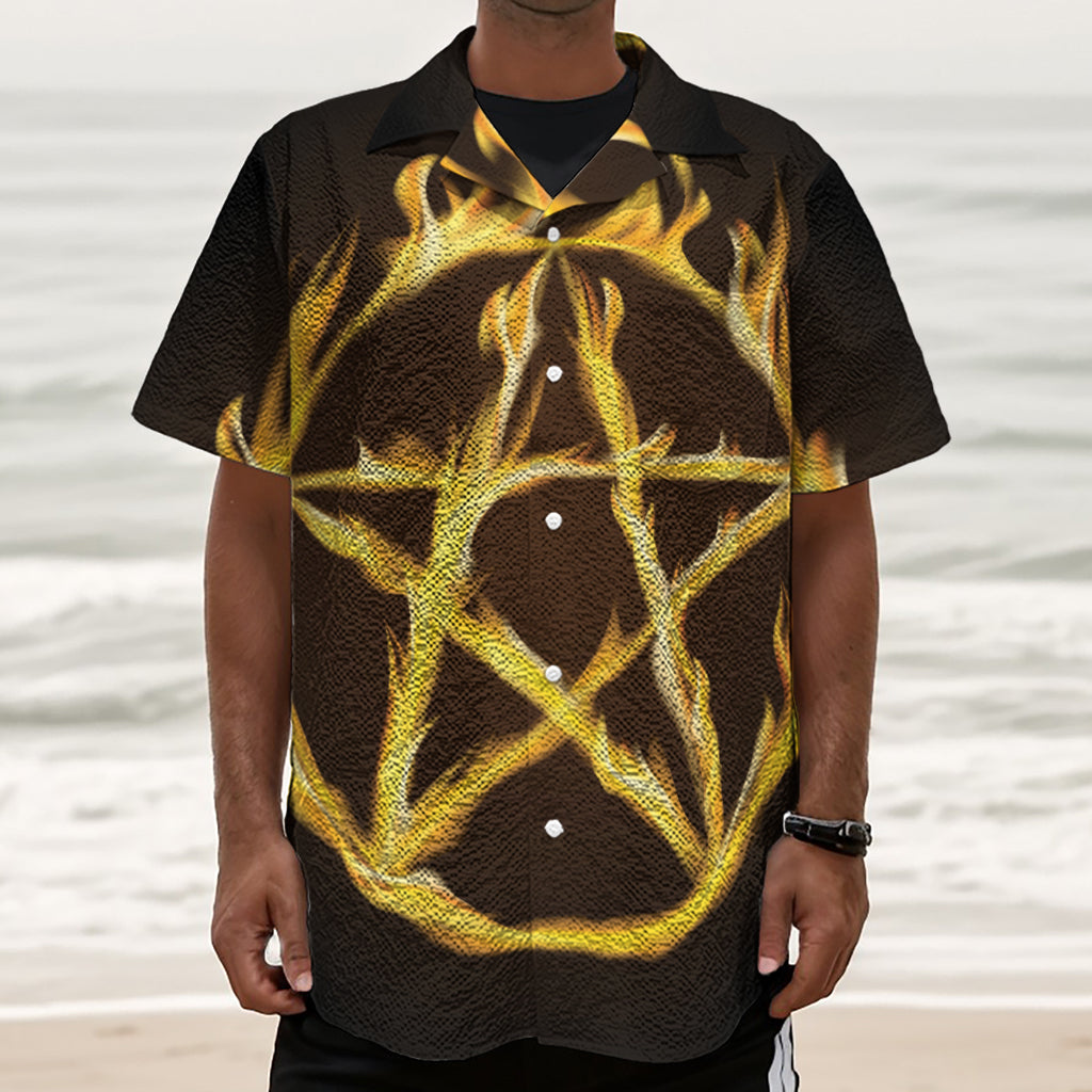 Flaming Pentagram Symbol Print Textured Short Sleeve Shirt
