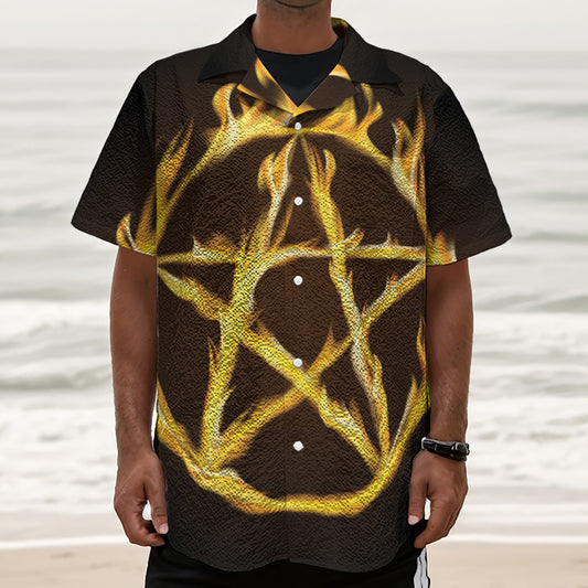 Flaming Pentagram Symbol Print Textured Short Sleeve Shirt