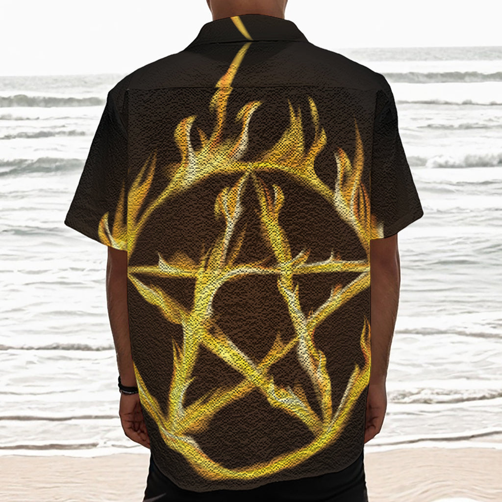 Flaming Pentagram Symbol Print Textured Short Sleeve Shirt