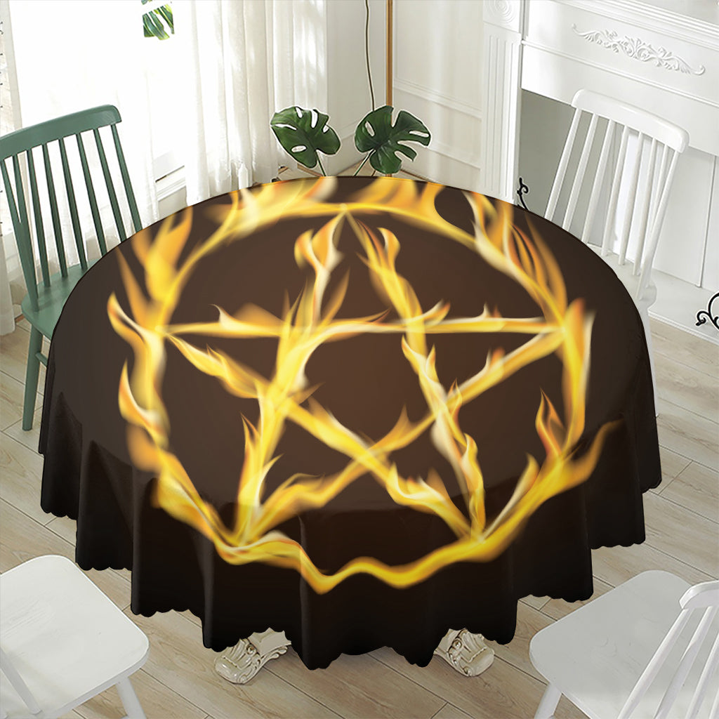 Flaming Pentagram Symbol Print Waterproof Round Tablecloth