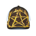 Flaming Pentagram Symbol Print White Mesh Trucker Cap