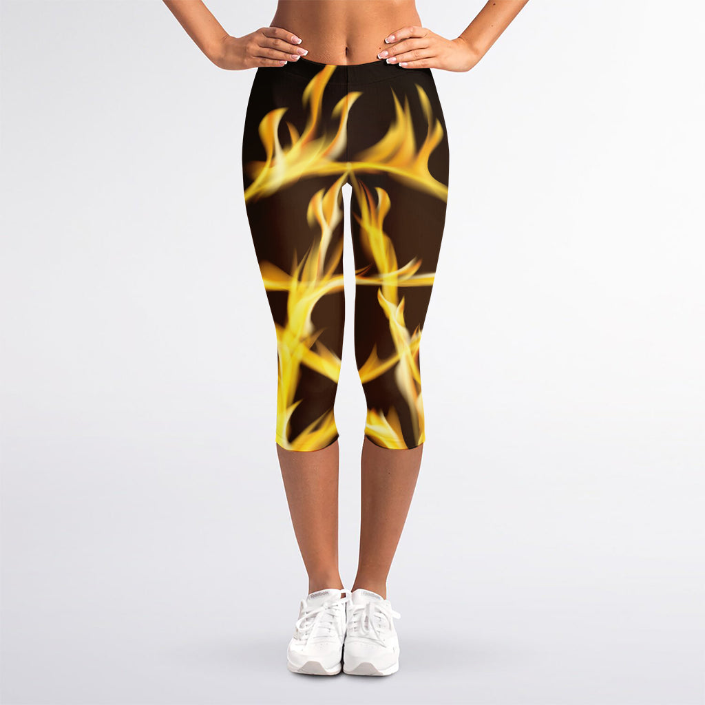 Flaming Pentagram Symbol Print Women's Capri Leggings