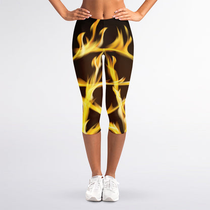 Flaming Pentagram Symbol Print Women's Capri Leggings