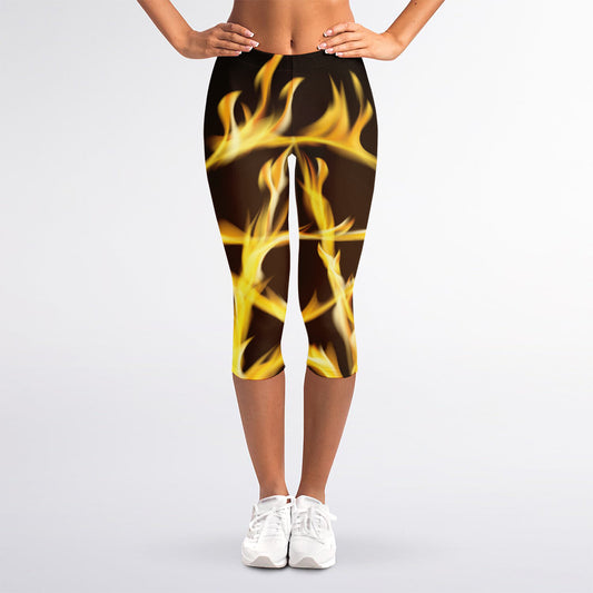 Flaming Pentagram Symbol Print Women's Capri Leggings