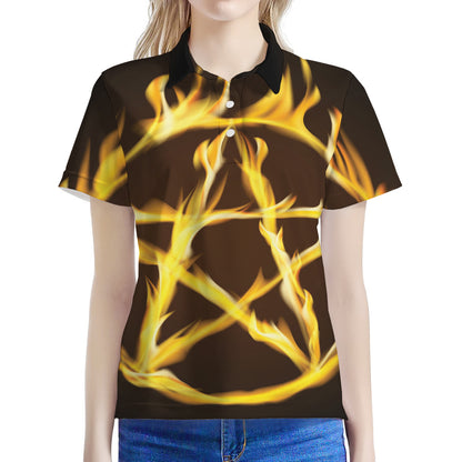 Flaming Pentagram Symbol Print Women's Polo Shirt