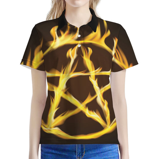 Flaming Pentagram Symbol Print Women's Polo Shirt