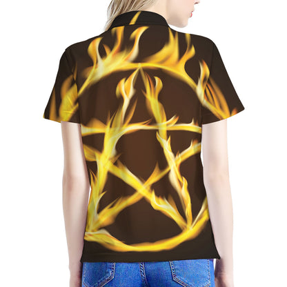 Flaming Pentagram Symbol Print Women's Polo Shirt