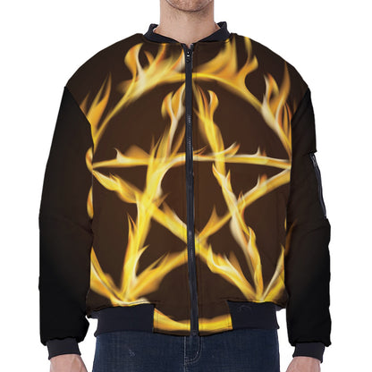 Flaming Pentagram Symbol Print Zip Sleeve Bomber Jacket