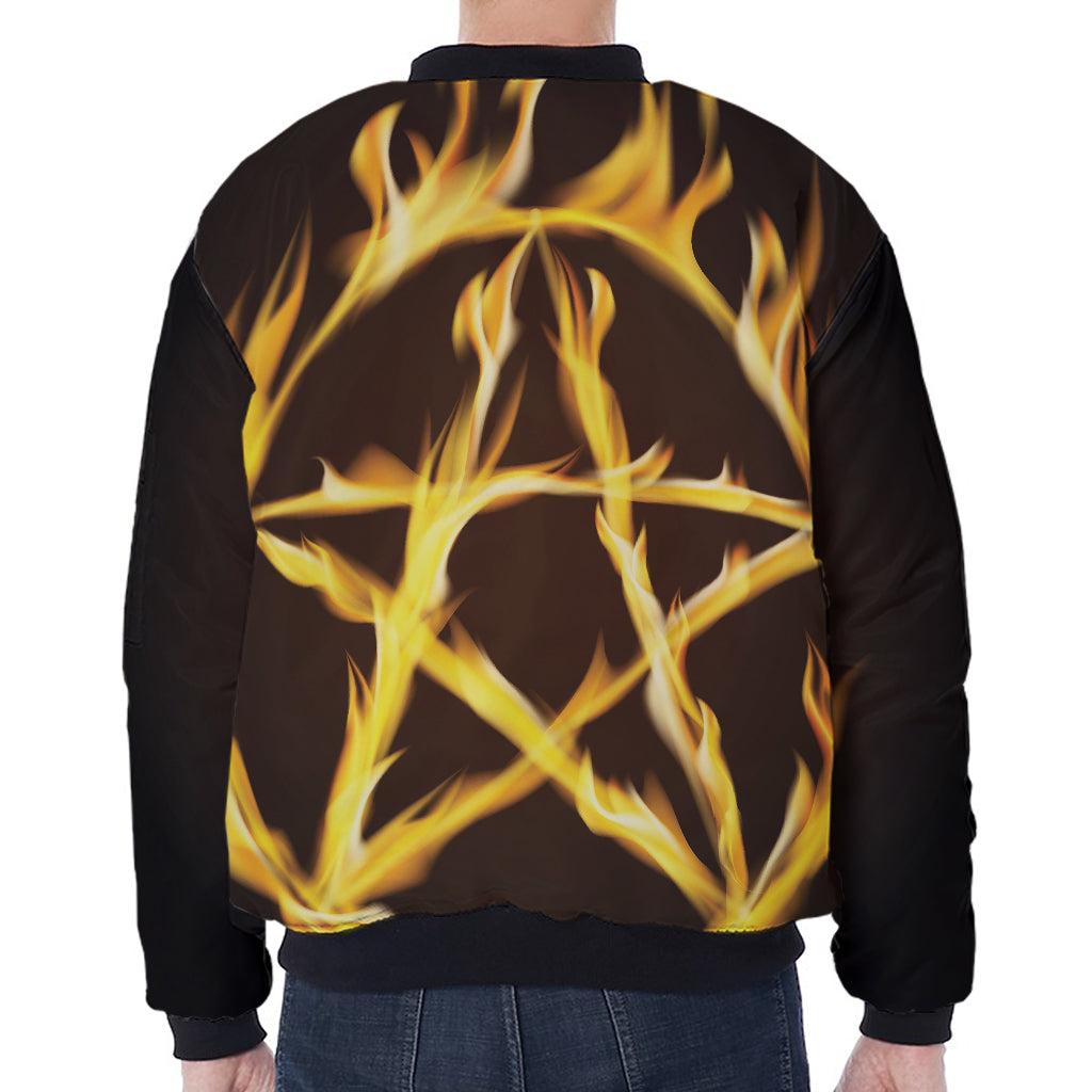 Flaming Pentagram Symbol Print Zip Sleeve Bomber Jacket