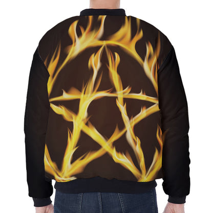 Flaming Pentagram Symbol Print Zip Sleeve Bomber Jacket