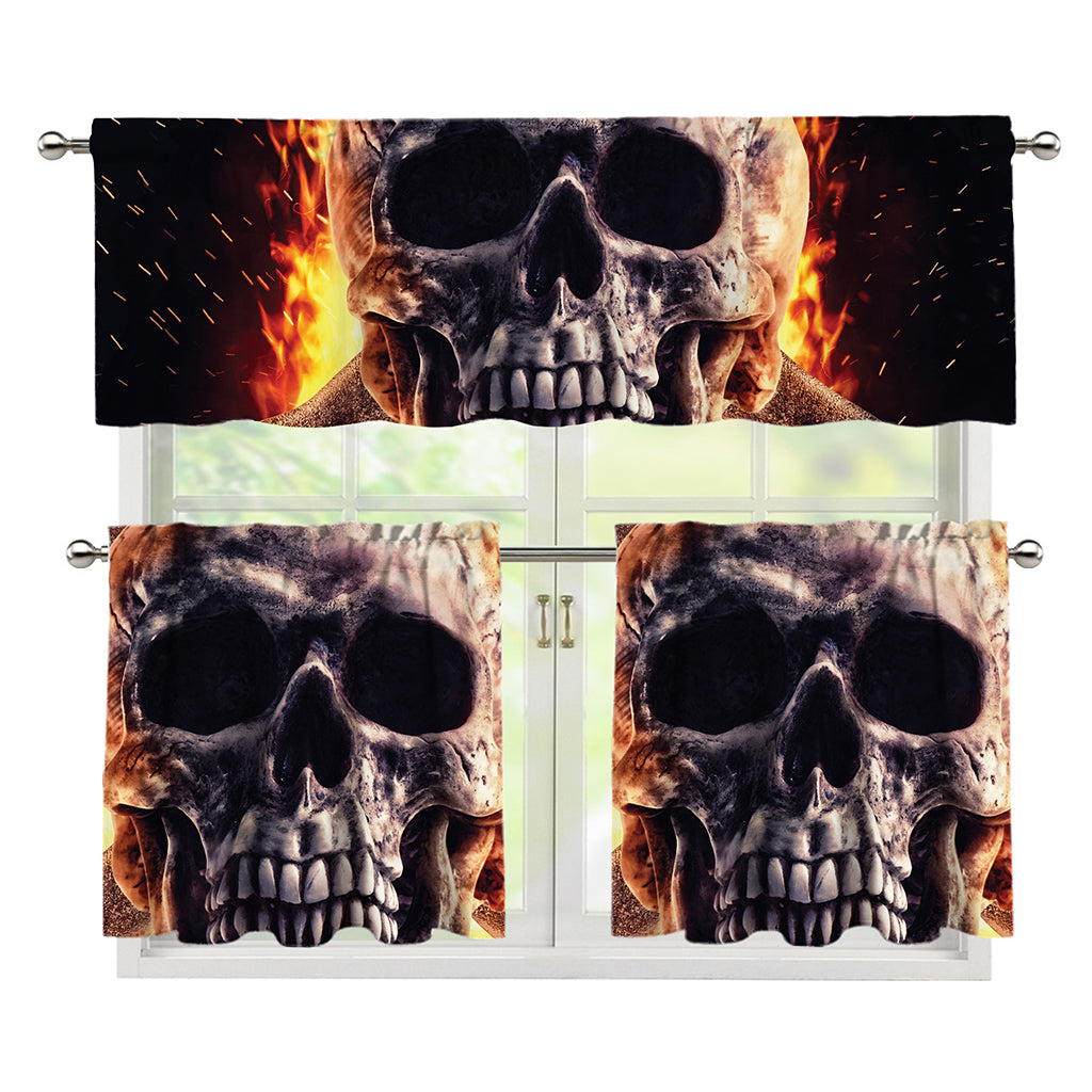Flaming Skull And Cross Wrench Print 3 Piece Kitchen Curtains