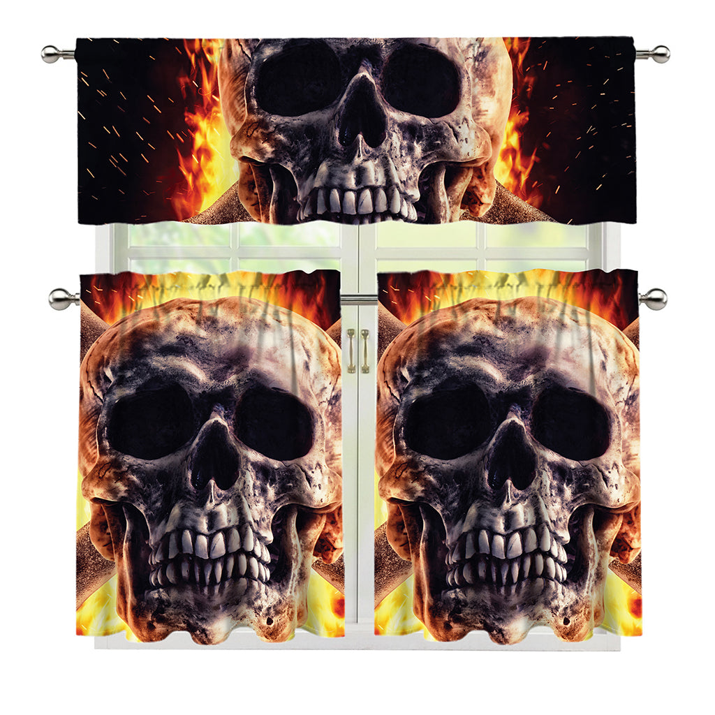 Flaming Skull And Cross Wrench Print 3 Piece Kitchen Curtains