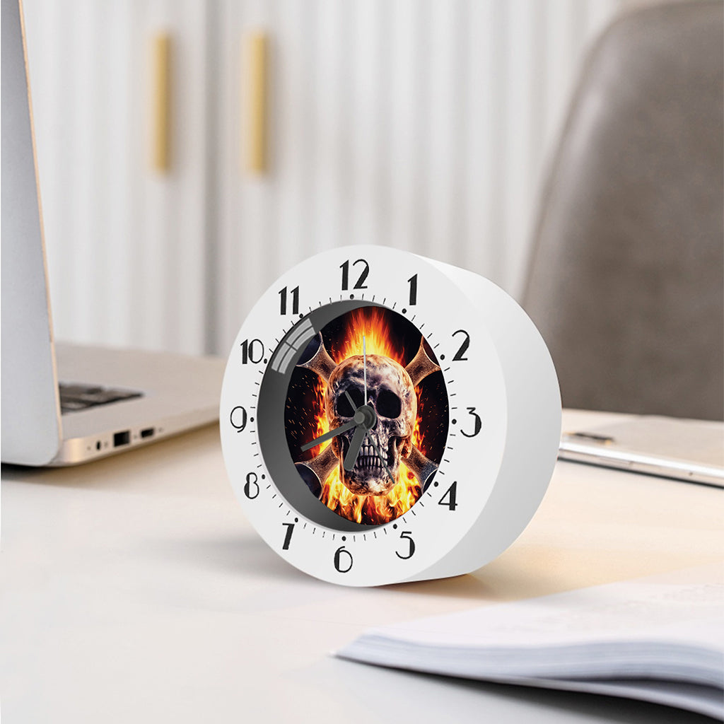 Flaming Skull And Cross Wrench Print Alarm Clock