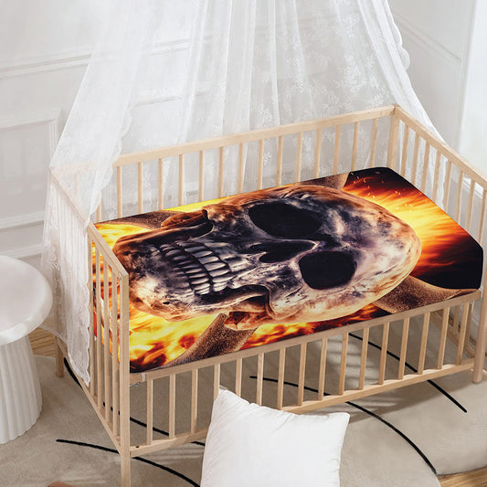 Flaming Skull And Cross Wrench Print Baby Crib Sheet