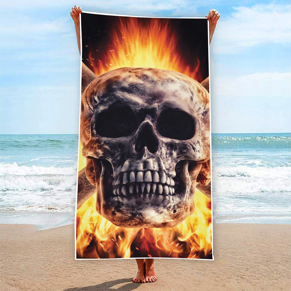 Flaming Skull And Cross Wrench Print Beach Towel