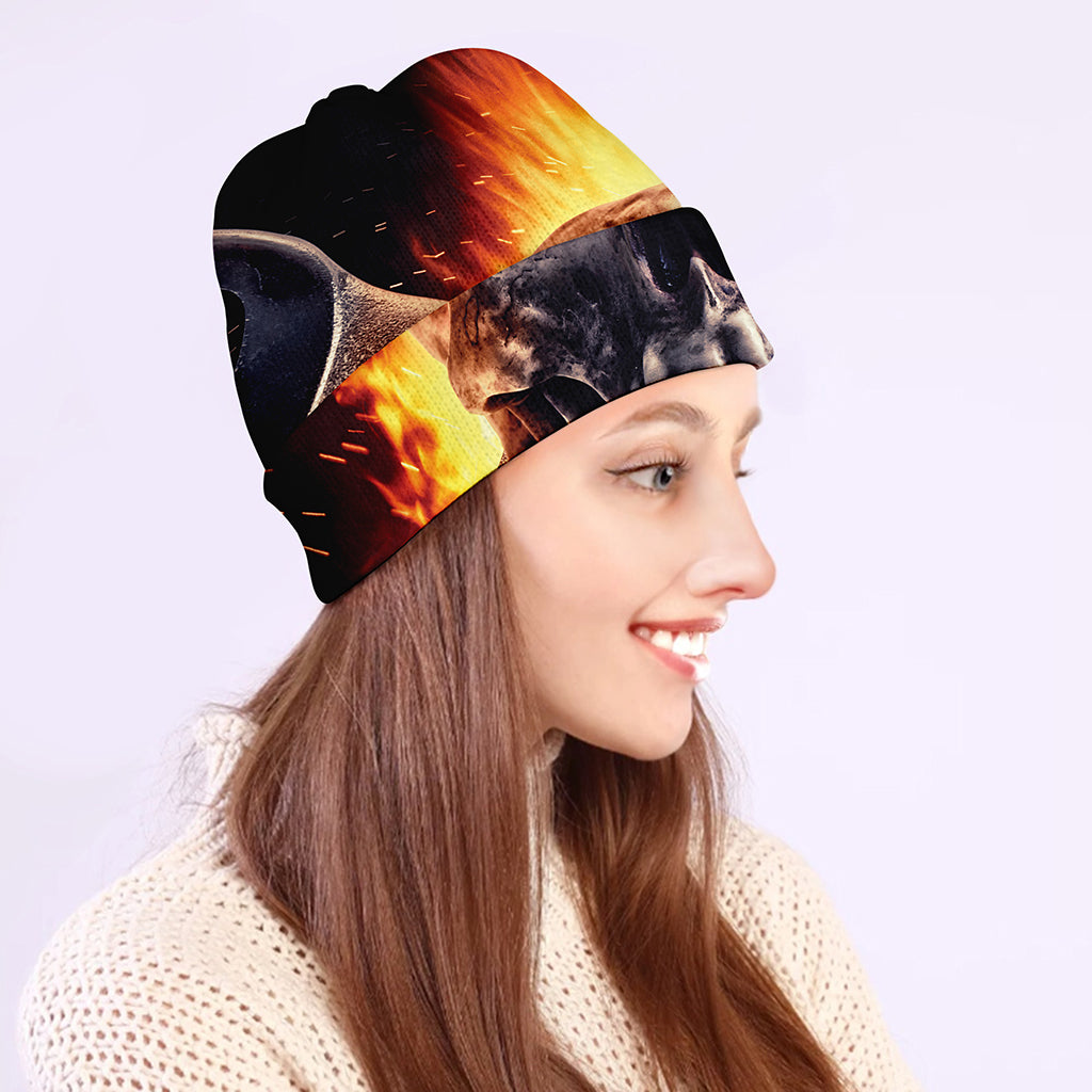 Flaming Skull And Cross Wrench Print Beanie
