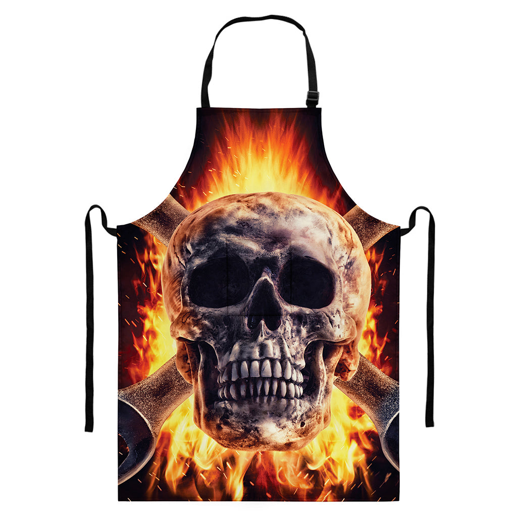 Flaming Skull And Cross Wrench Print Bib Apron With Pocket