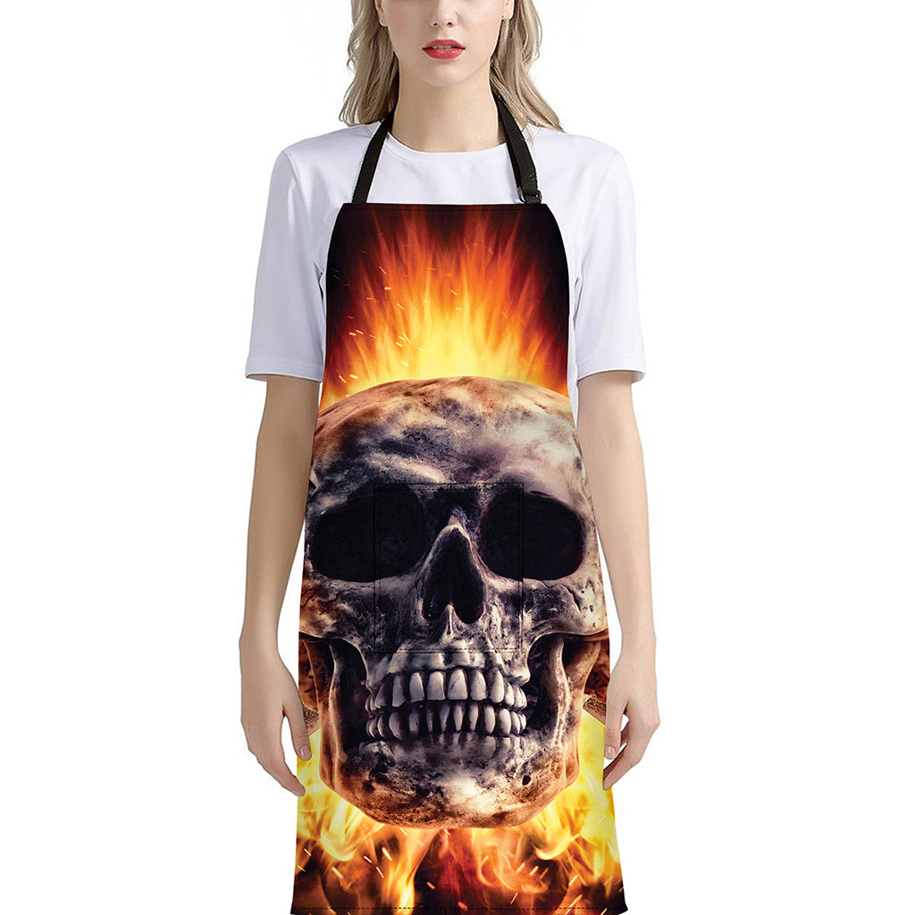 Flaming Skull And Cross Wrench Print Bib Apron With Pocket