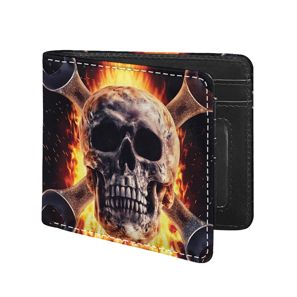 Flaming Skull And Cross Wrench Print Bifold Wallet