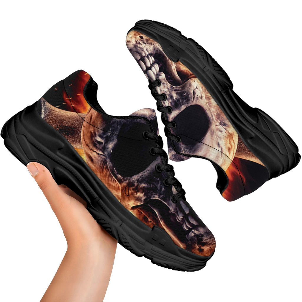 Flaming Skull And Cross Wrench Print Black Chunky Shoes