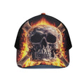 Flaming Skull And Cross Wrench Print Black Mesh Trucker Hat