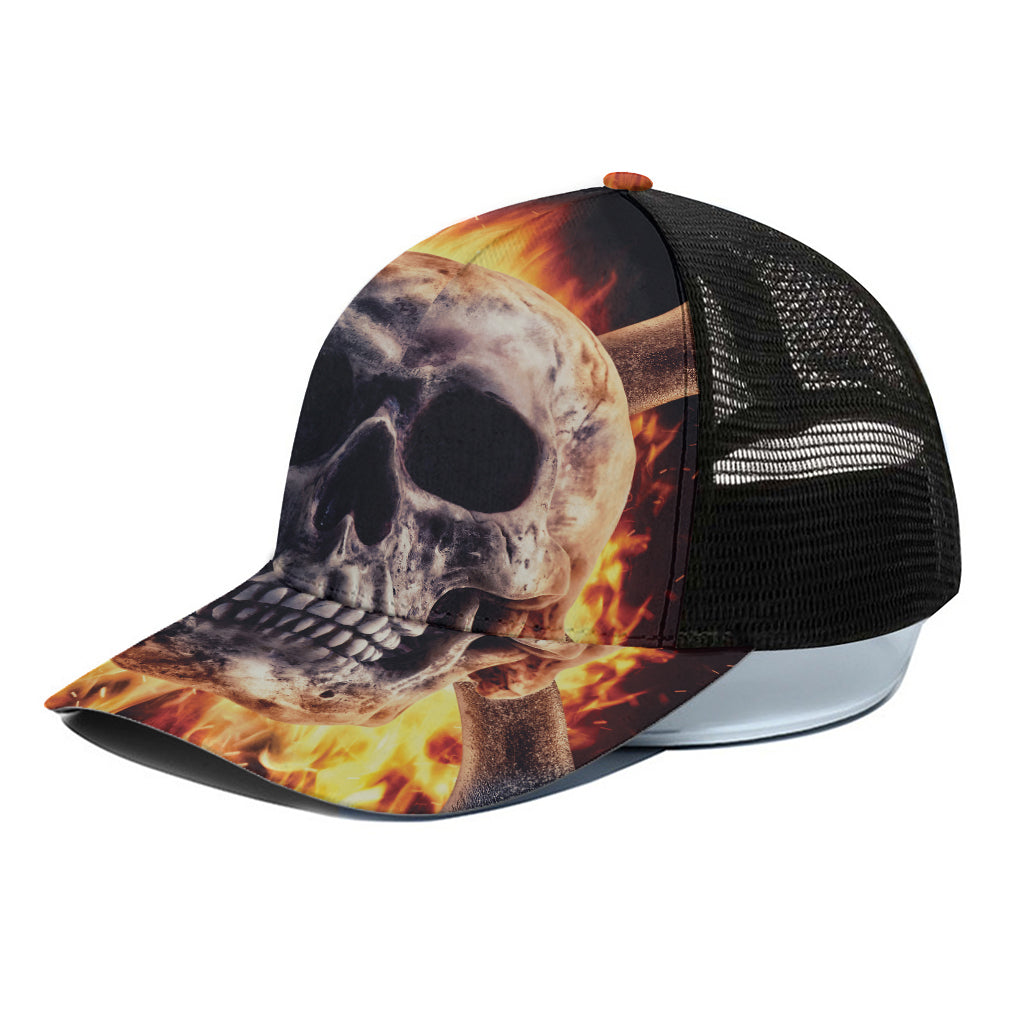 Flaming Skull And Cross Wrench Print Black Mesh Trucker Cap