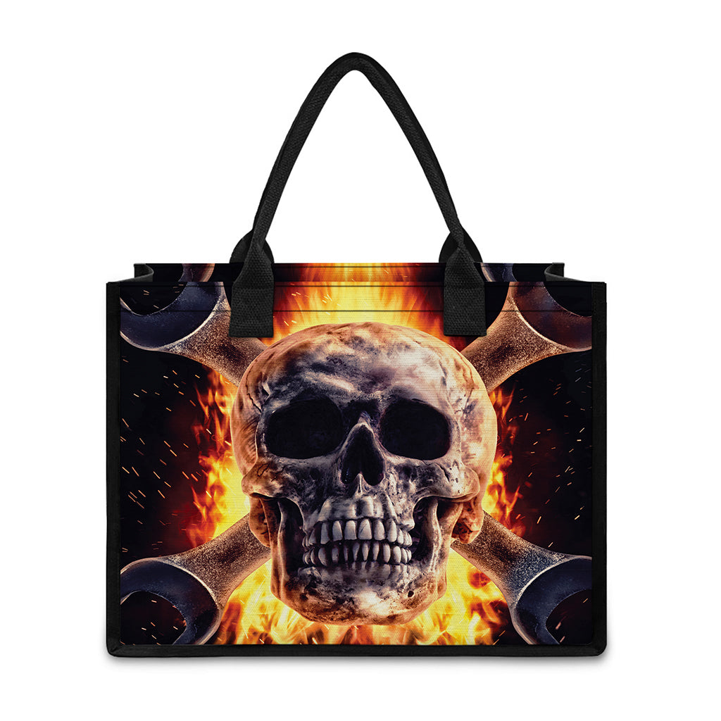 Flaming Skull And Cross Wrench Print Canvas Tote Bag
