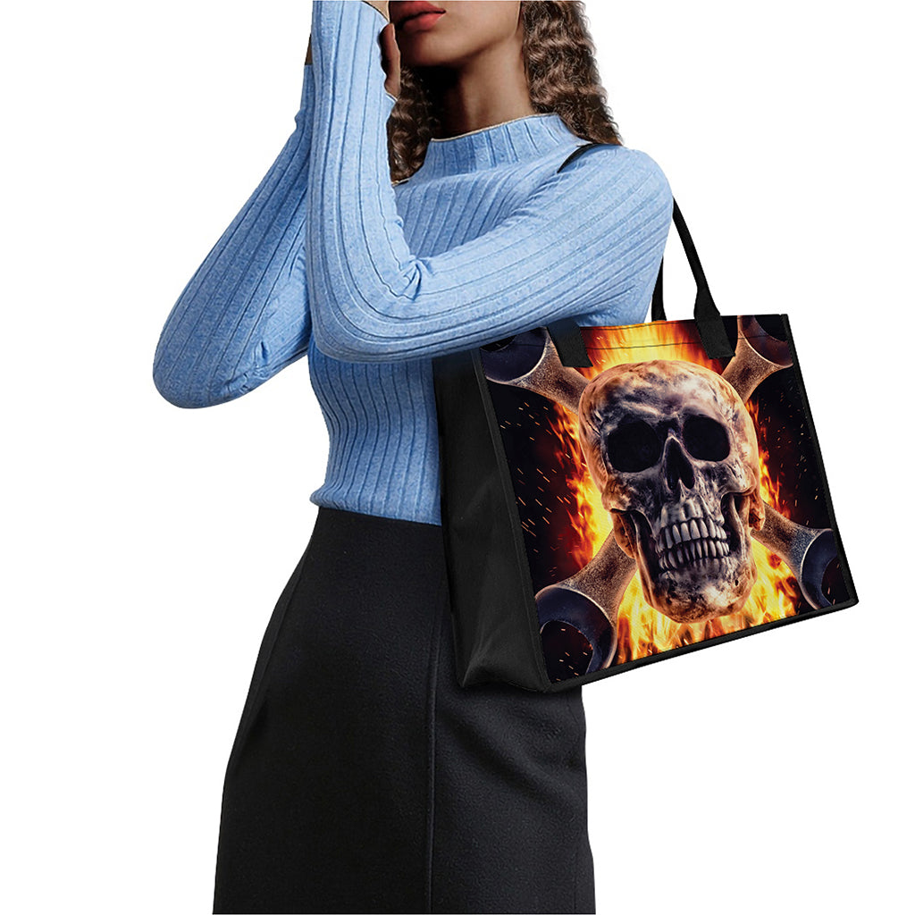 Flaming Skull And Cross Wrench Print Canvas Tote Bag