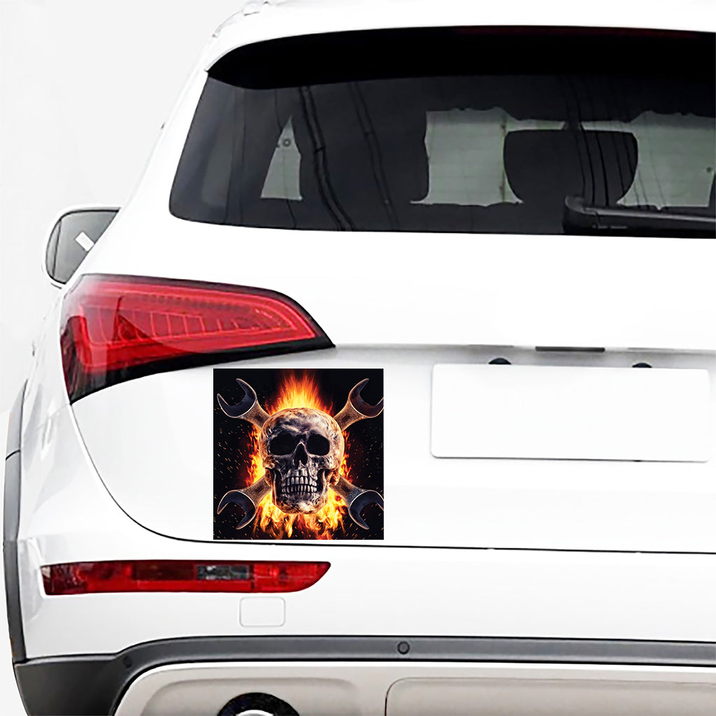 Flaming Skull And Cross Wrench Print Car Sticker