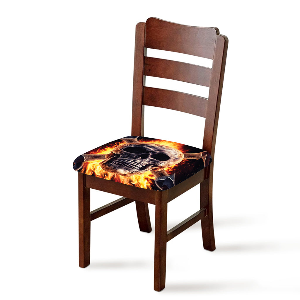 Flaming Skull And Cross Wrench Print Chair Cushion Cover