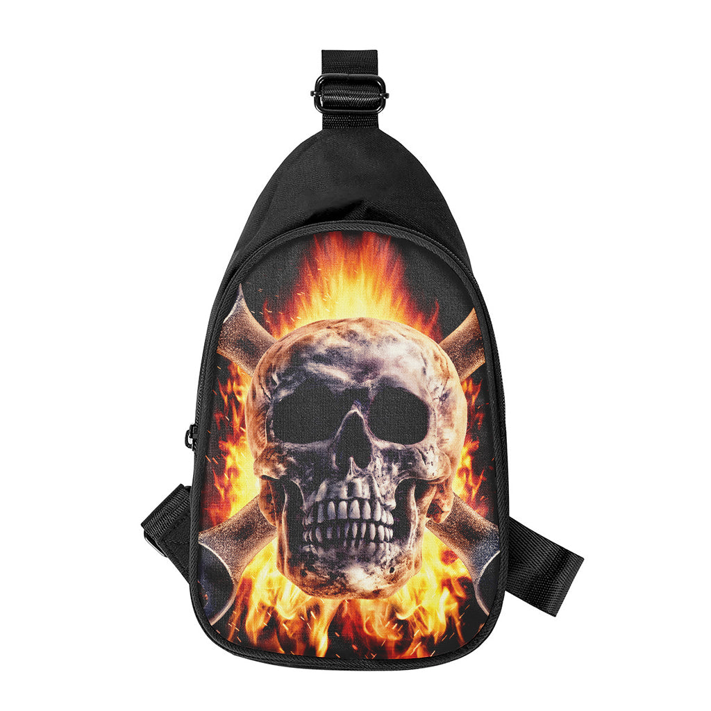 Flaming Skull And Cross Wrench Print Chest Bag