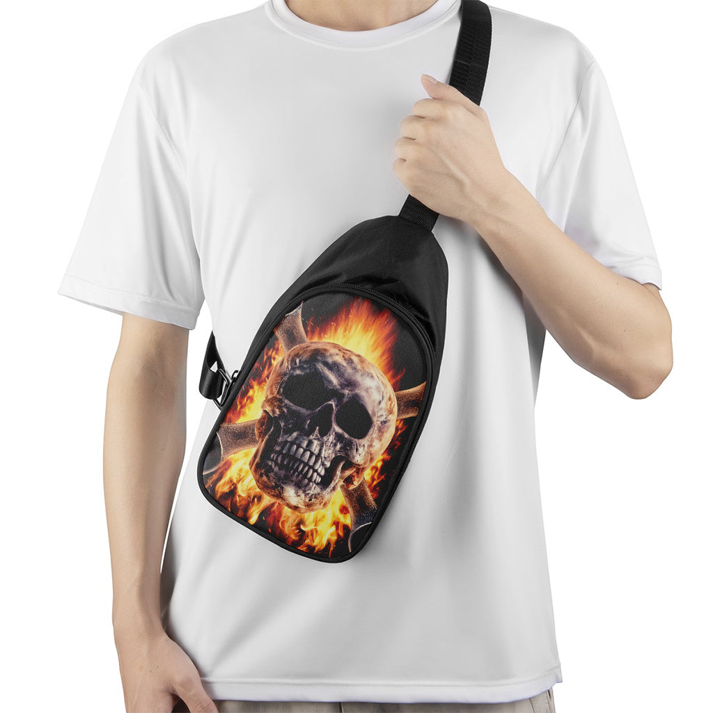 Flaming Skull And Cross Wrench Print Chest Bag