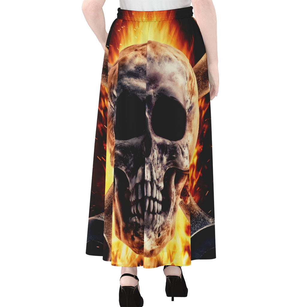 Flaming Skull And Cross Wrench Print Chiffon Maxi Skirt