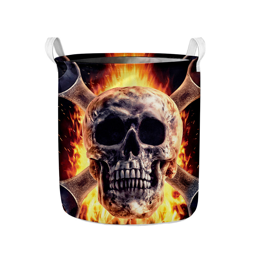 Flaming Skull And Cross Wrench Print Collapsible Laundry Basket