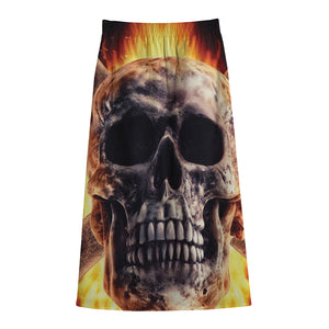 Flaming Skull And Cross Wrench Print Cotton Front Slit Maxi Skirt