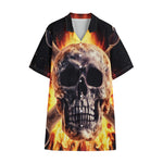 Flaming Skull And Cross Wrench Print Cotton Hawaiian Shirt
